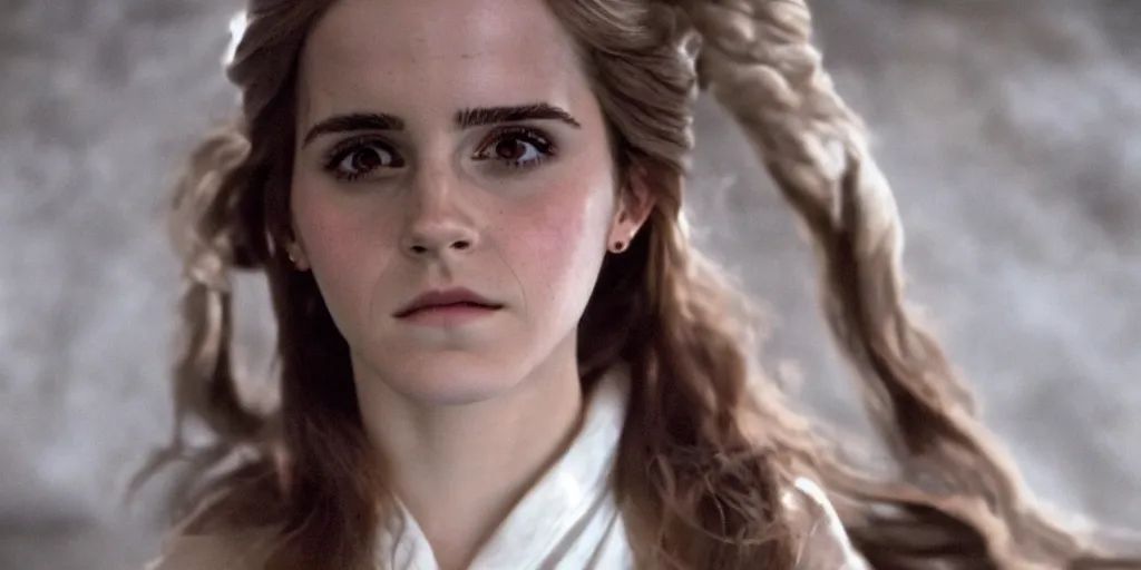 Image similar to Emma Watson as Hermione Granger long hair flowing robes baroque room cinematic lighting stanley kubrick barry lyndon Canon eos M50 200mm