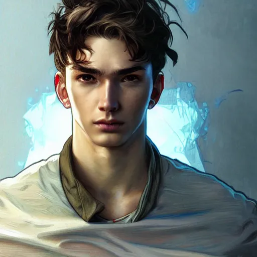 Prompt: character concept portrait, symmetrical head-on centralized, tired young man wearing tattered clothes. Detailed, high quality, dynamic lightning, fantasy. Artwork by Artgerm, WLOP, Alex Ross, Greg Rutknowski, Alphonse Mucha