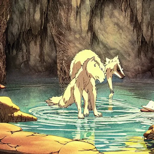 Image similar to a spirit wolf forest drinking water from an illuminated pool, hayao miyazaki, masashi ando, nizou yamamoto, kazuo oga, joe hisaishi, yoji takeshige, naoya tanaka