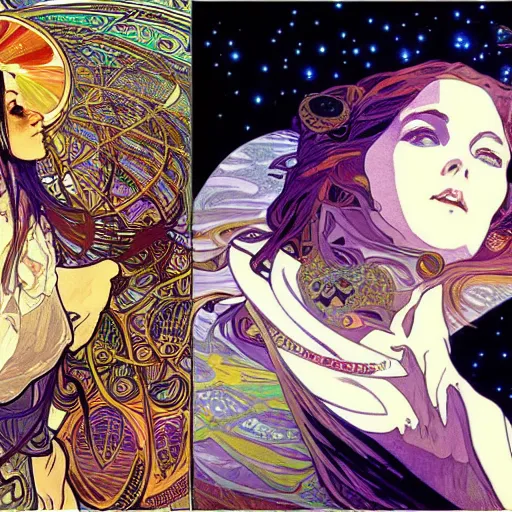 Image similar to bohemian vibes, alphonse mucha yoji shinkawa, stars and moons, and sunsets and intergalactic trippy psychedelic