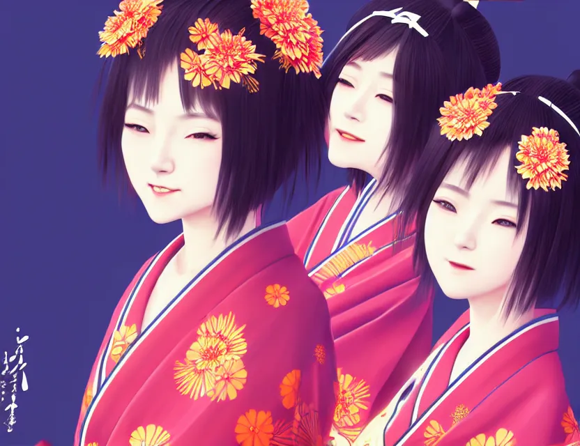 Image similar to two beautiful charming japan female superstar wear arty kimono in festival | | sunny night, festival,, realistic shaded, smile, good looking, hyper details, 4 k realistic, cryengine, realistic shaded lighting poster by ilya kuvshinov, fuji choko, ross tran, 8 k resolution, trending on artstation, luxury