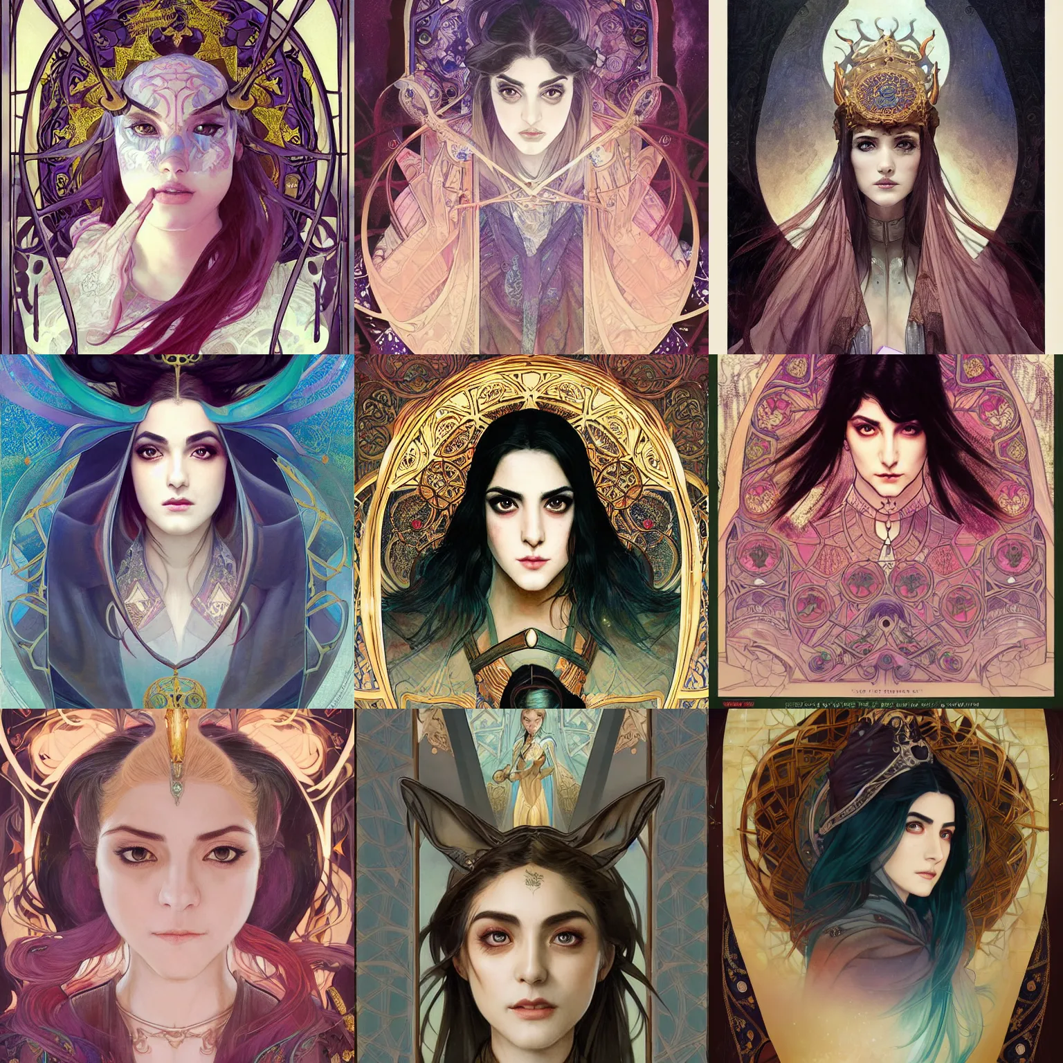 Prompt: masterpiece head-on symmetrical centered painted portrait, Maya Ali as D&D sorcerer, cell-shaded, D&D wizard robes, elegant, tarot card background, in the style of ROSSDRAWS and Ruan Jia and Ross Tran and Alphonse Mucha and Ayami Kojima and Charlie Bowater and Karol Bak and Jean Delville, Pixar, comics, global illumination lighting, rich bright colours