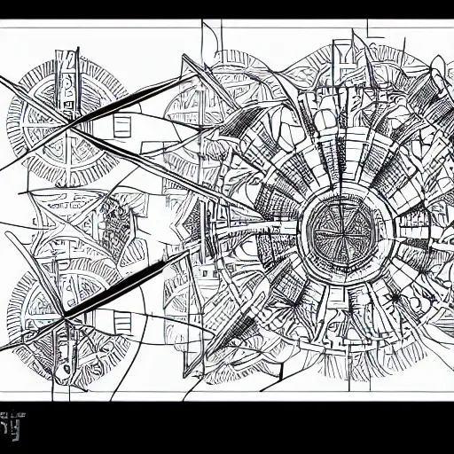 Image similar to Simplistic coloring book of a turbine blueprint, black ball pen on white paper, by Josan Gonzalez and Geof Darrow