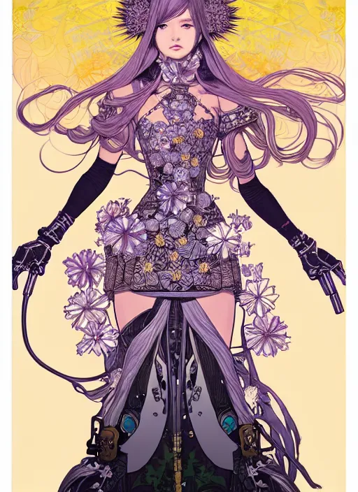 Image similar to highly detailed terada katsuya artgerm artstation final fantasy minaba hideo manga poster of princess mechine, long hair, armor, dress, laces, ruffles, 8 k, fluorescent, maximalist, jump comics, tomer hanuka, alphonse mucha