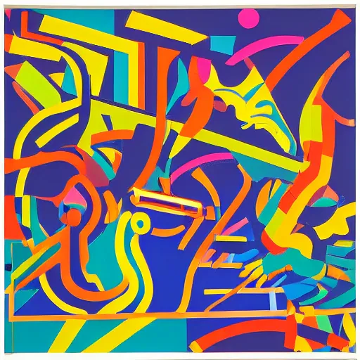 Image similar to people and animals made out of colorful generative synthwave art, neon, contemporary, integral painting, by Frank Stella, by William Weege, by Eduardo Paolozzi