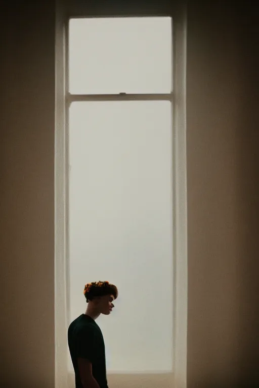 Prompt: kodak portra 1 6 0 photograph of a skinny guy standing in a spaceship, window, flower crown, back view, moody lighting, moody vibe, telephoto, 9 0 s vibe, blurry background, tranquil, calm, faded!,