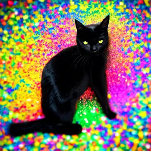 Prompt: a black cat sprinkled with ( ( rainbow ) ) glitter, in - frame, sharpened, sparkly