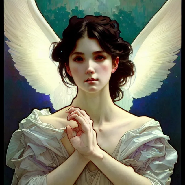 Prompt: a beautiful portrait of a beautiful angel with a beautiful face, by ross tran!! and alphonse mucha and greg rutkowski! and gustav dore! and artgerm!!, in style of digital art illustration. symmetry. highly detailed face. fantasy, smooth, hyper detailed, sharp focus, soft light. trending on artstation. 4 k