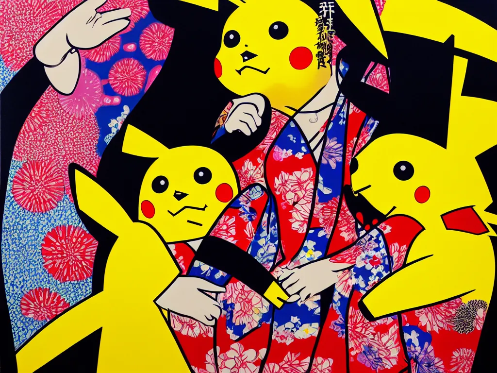 Prompt: hyperrealism composition of the detailed woman in a japanese kimono sitting at a poker table with pikachu, fireworks on the background, pop - art style, jacky tsai style, andy warhol style, acrylic on canvas