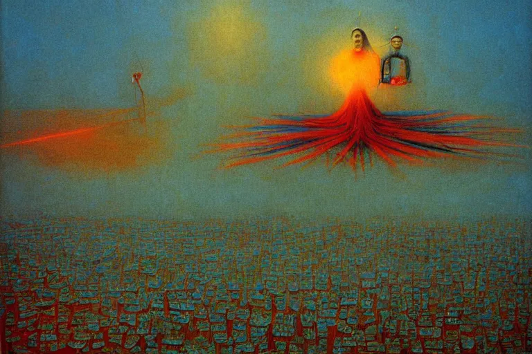 Image similar to barrister of harvest, art by beksinski and pauline baynes, trending on artstation, iridescent cool blue and cyan and red and blue and yellow and green lighting camera view from above surrealism, very very intricate, concept art, fisheye lens, situationist international