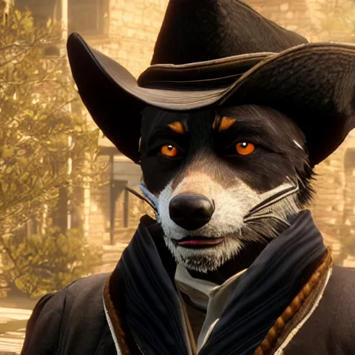 Prompt: anthropomorphic black fox, dressed as a rich man, in game screenshot of red dead redemption 2