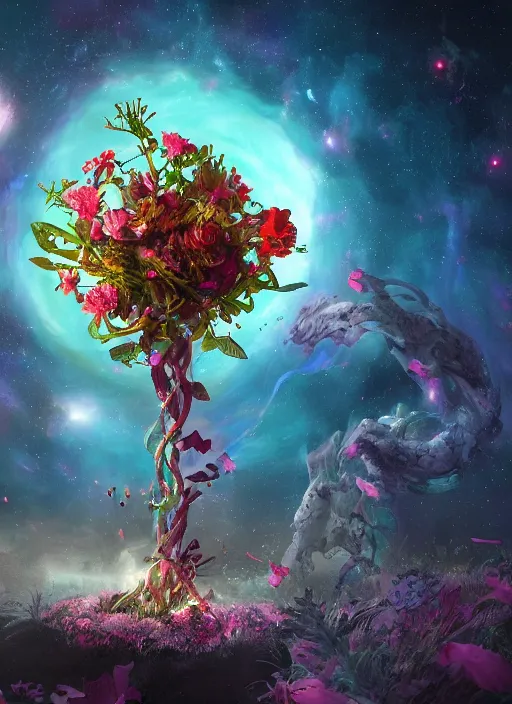 Image similar to An epic fantastic realism comic book style painting of the most beautiful entwined flowers launched across the dark galactic night sky, nebulous bouquets, fisheye lens, unreal 5, DAZ, hyperrealistic, octane render, dynamic lighting