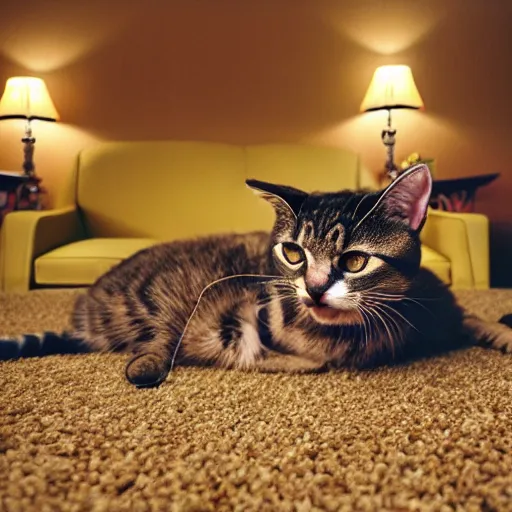 Image similar to cat in living room, cat wearing mustard yellow leisure suit, 7 0's decor, shag carpet, 4 k, 8 k, ultra detailed