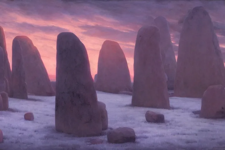 Image similar to circle of standing stones at dawn, dramatic cinematic lighting, rich colors, by William Dyce and ford madox brown and April Gornik and Caspar David Friedrich and Diego Rivera and Tyler Edlin and Nicholas Roerich, featured on artstation