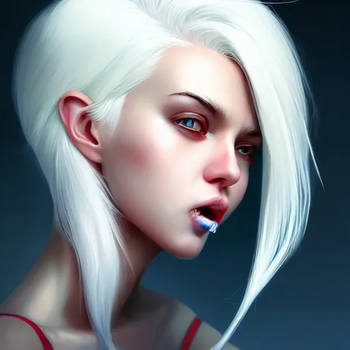 Image similar to longshot of a beautiful girl with white hair crossing her eyes and sticking her tongue out, slight smile, digital painting, concept art, sharp focus, illustration, au naturel, hyper detailed, digital art, trending in artstation, smooth render, bright colors, octane rendered, art by kuvshinov ilya h 6 4 0