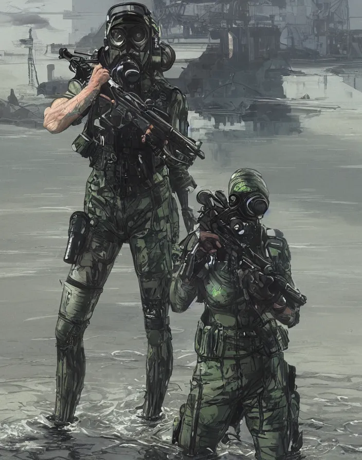 Image similar to Selina. USN blackops operator emerging from water at the shoreline. Operator wearing Futuristic cyberpunk tactical wetsuit and looking at an abandoned shipyard. Frogtrooper. rb6s, MGS, and splinter cell Concept art by James Gurney, greg rutkowski, and Alphonso Mucha. Vivid color scheme.