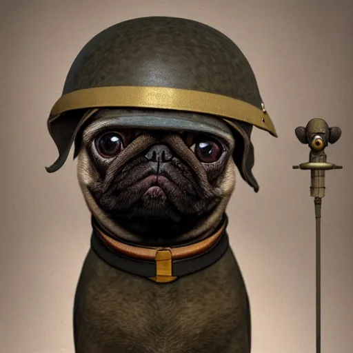 Image similar to high detailed soft 3 d render of a little pug dog with a first world war german helmet on his head sitted on the top of a bazooka, very detailed, 3 d, trending on artstation
