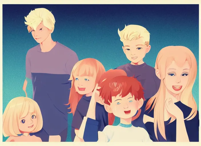 Image similar to a family. a mother, a father, and two children, all with blonde hair. clean cel shaded vector art. shutterstock. behance hd by lois van baarle, artgerm, helen huang, by makoto shinkai and ilya kuvshinov, rossdraws, illustration, art by ilya kuvshinov