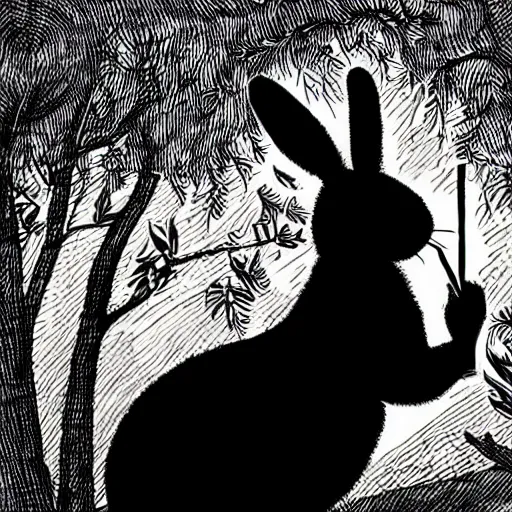 Image similar to black - and - white line art illustration of a playful, wry rabbit deep in a tangled forest, smoking a cigarette, with smoke rising, whimsical masterpiece