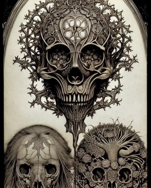 Image similar to art forms of nature by ernst haeckel, memento mori by arthur rackham, ornate antique porcelain beautiful skull mask, ultrasharp, photorealistic, hyperdetailed, octane render, polished, art nouveau, neo - gothic, gothic, intricate ornamental organic filigree, art nouveau botanicals, art forms of nature by ernst haeckel, horizontal symmetry, symbolist, visionary