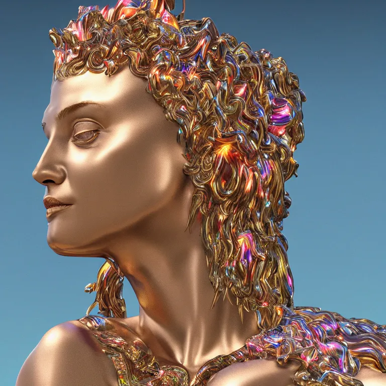 Image similar to octane render portrait by wayne barlow and carlo crivelli and glenn fabry, an incredibly realistic shiny reflective high - end colorful statue of a roman goddess made out of pored resin surrounded by flying colorful sparks, cinema 4 d, ray traced lighting, very short depth of field, bokeh