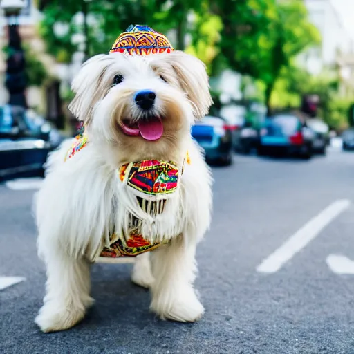 Image similar to a cream-colored Havanese dog dressed as a mariachi musician, holding maracas, Leica 35mm, 4K