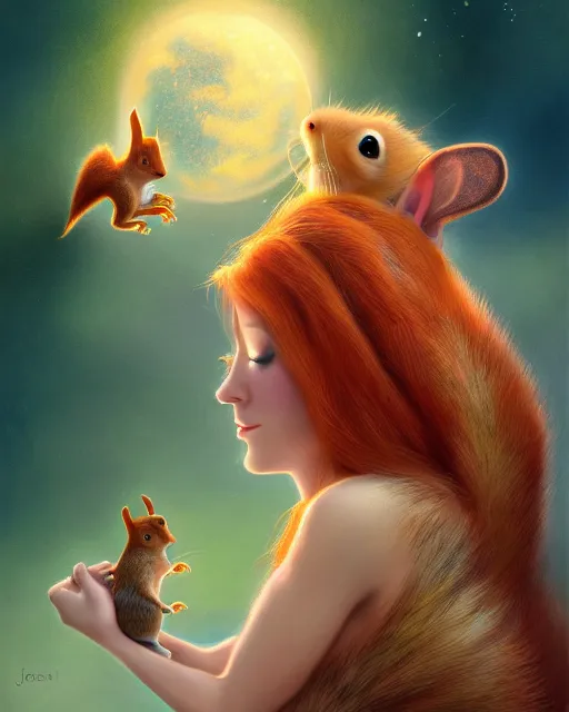 Image similar to ginger woman in sundress hugging cute squirrel, perfect face, cinematic, stunning, adorable, highly detailed, psychedelic, digital painting, artstation, smooth, hard focus, illustration, art by jessica rossier and and brian froud