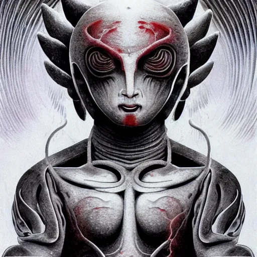 Prompt: naraka buddhist demon korean female, happy alien, high tech armor, tubular creature, blood vessels, no face, dystopian surrealism, alex ries zdzisław beksinski, symmetrical long head, smooth marble surfaces, smooth marble surfaces, detailed ink illustration, detailed ink illustration, raiden metal gear, cinematic smooth stone, deep aesthetic