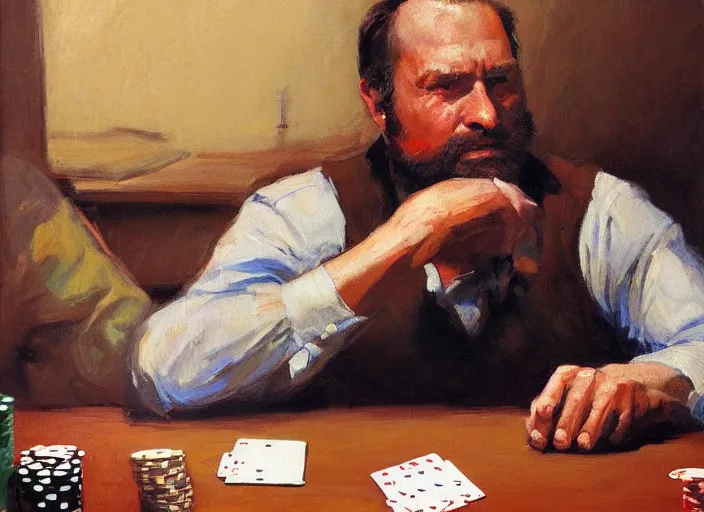 Prompt: a highly detailed beautiful portrait of a grizzly playing poker, by gregory manchess, james gurney, james jean