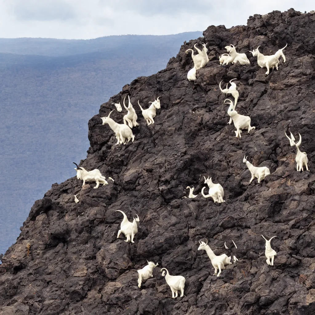 Image similar to satanic mountain goats on a sheer cliffside with lavaflow, lava waterfalls, dr. suess