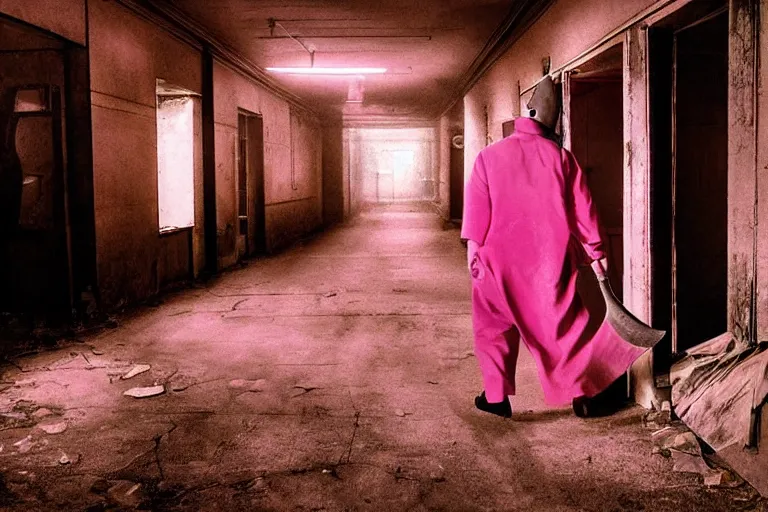 Image similar to batman wearing pink apron wielding an axe, chasing through old brown decrepit hallway, creepy smile, atmospheric eerie lighting, dim lighting, bodycam footage, photograph