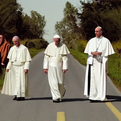 Image similar to priest, pope, jackal, [ nun ], walking down the road,