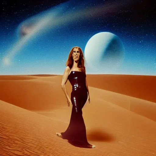 Prompt: celine dion melts into mercury in the desert, sci fi from the 8 0's photography, 4 k ultradetailed