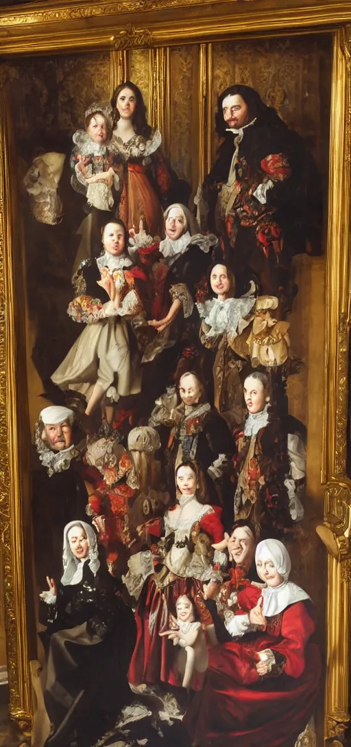 Image similar to oil paint in canvas of family portrait in the main room of the castle, dark room, one point of light trough a big window. baroque style 1 6 5 0, high details on clothes, realistic faces and expressions, space between subjects inspired by diego velasquez