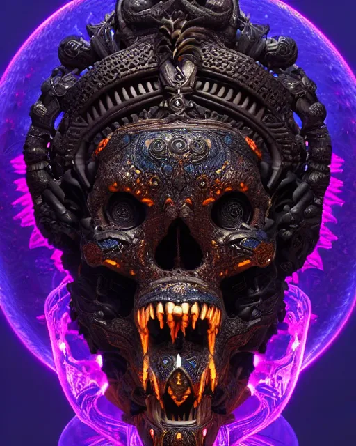 Image similar to 3 d ornate carved dark cosmic king with profile portrait, sigma 5 0 0 mm f / 5. beautiful intricate highly detailed quetzalcoatl skull. bioluminescent, plasma, lava, ice, water, wind, creature, thunderstorm! artwork by tooth wu and wlop and beeple and greg rutkowski, 8 k trending on artstation