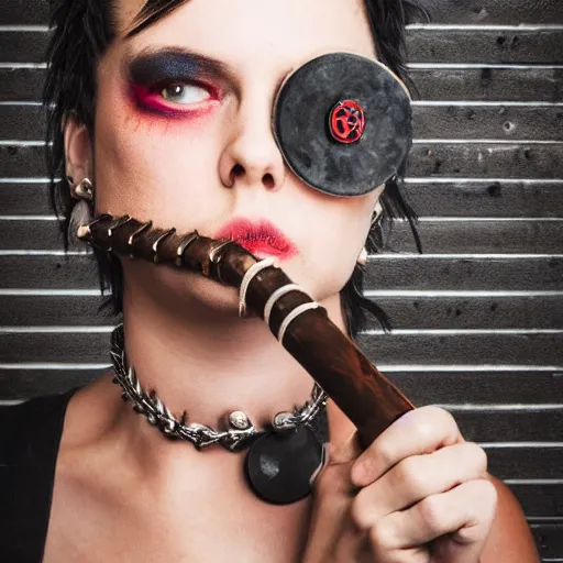 Prompt: punk woman wearing steel spiked collar holding a wooden baseball bat