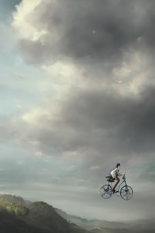 Prompt: A fancy portrait of a happy man flying in the sky on his bicycle in the clouds, perfect expression, Greg Rutkowski, Sung Choi, Mitchell Mohrhauser, Maciej Kuciara, Johnson Ting, Maxim Verehin, Bloodborne, 8k photorealistic, volumetric lighting, HD, high details, dramatic, warm atmosphere, trending on artstation