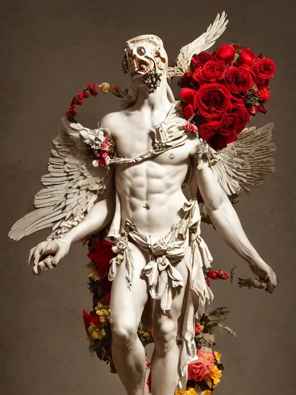 Prompt: a icarus with wings in the form of a Greek sculpture with a mask in the form of a red bird skull and wreath of flowers, roses in hands, dressed in a flower dress, stands in the pose of a super hero on a golden stone, silk, fabric, birds, flowers. red plastic. baroque elements, human skull. full-length view. baroque element. intricate artwork by caravaggio. many many birds birds on background. Trending on artstation. halo. octane render, cinematic, hyper realism, octane render, 8k, depth of field, bokeh. iridescent accents. vibrant. teal and gold and red colour scheme