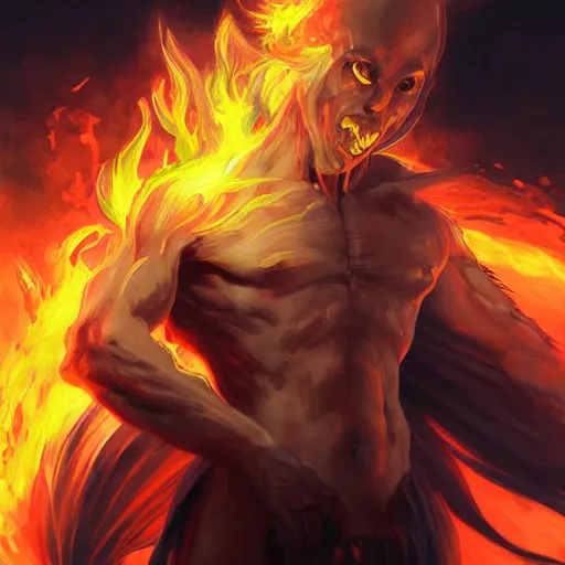 Image similar to male japanese fire elemental, ghostly form, transparent, embodiment of fire, comic book thick outline, gta art, demon summoning magic d & d, highly detailed, digital painting, artstation, concept art, sharp focus, illustration, cinematic lighting, art by artgerm and greg rutkowski and alphonse mucha