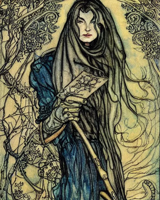 Image similar to tarot card detailed painting, illustration in style of Arthur Rackham