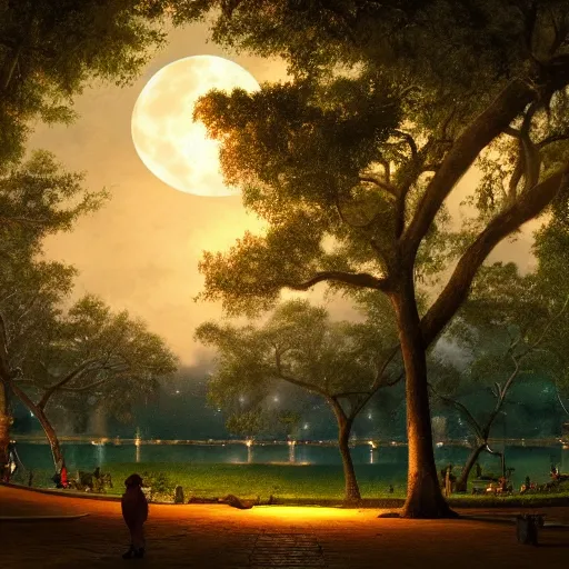 Image similar to matte painting of a park in yucatan mexico at night with a full moon, large ceiba trees, by asher brown durand and greg rutkowski, featured on artstation, blue and orange color scheme