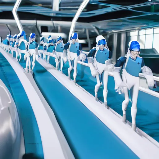 Image similar to troop in formation of athletic humans with light blue neoprene suits and white hair formation on a conveyor belt, futuristic laboratory, sci - fi, highly detailed, hyperrealistic