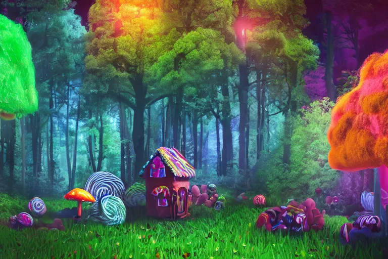 Image similar to deep colorful moody forest made of candy, lollipop trees, cotton candy bushes, big colorful rock candy boulders, gumdrop mushrooms, chocolate creek, gingerbread house. dark mood. mysterious realistic painting. photo collage, highly detailed, cinematic, hyperrealistic, artstation, dramatic lighting, god rays, clean crisp graphics, smooth sharp focus, extremely detailed