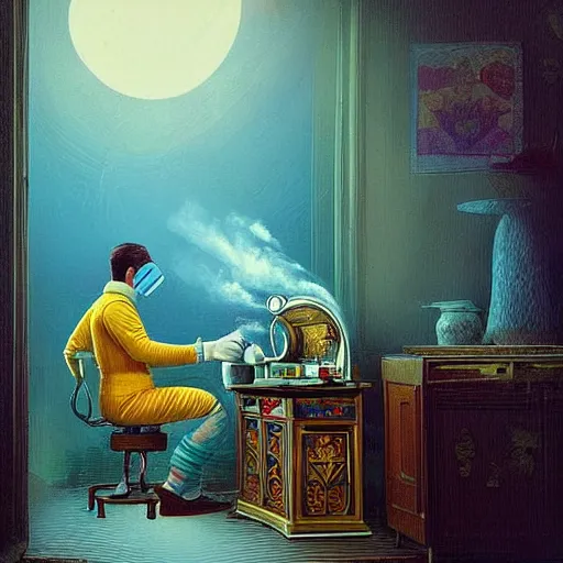 Image similar to a single cosmonaut in a spacesuit drinks a steaming cup of tea at an old wooden desk in a richly decorated house. :: by beeple and James Gilleard and Justin Gerard :: the autumn light comes in through a window and dimly illuminates the room. Ornate, dynamic, particulate, intricate, elegant, highly detailed, centered, artstation, smooth, sharp focus, photoreal octane render, 3d