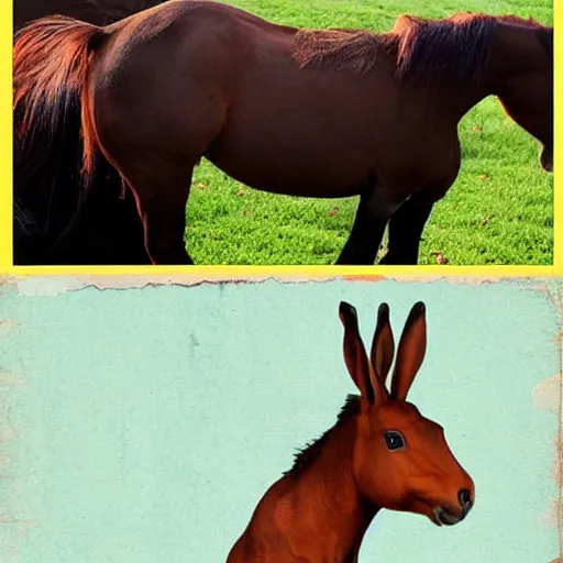 Image similar to a horse with a rabbit head, real photograph, mutant animal