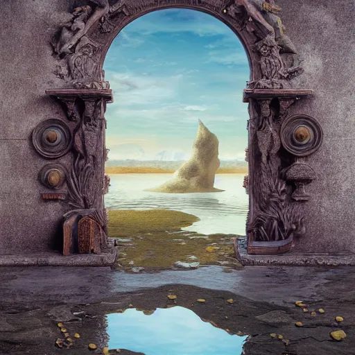 Image similar to hyperrealstic random objects in a surreal dreamscape environment by salvador dali, highly detailed, 3 d render, vray, octane, realistic lighting, photorealistic, colorful, intricate, elegant, wayne barlowe, water, mirrors, doorway, beautiful, masterpiece