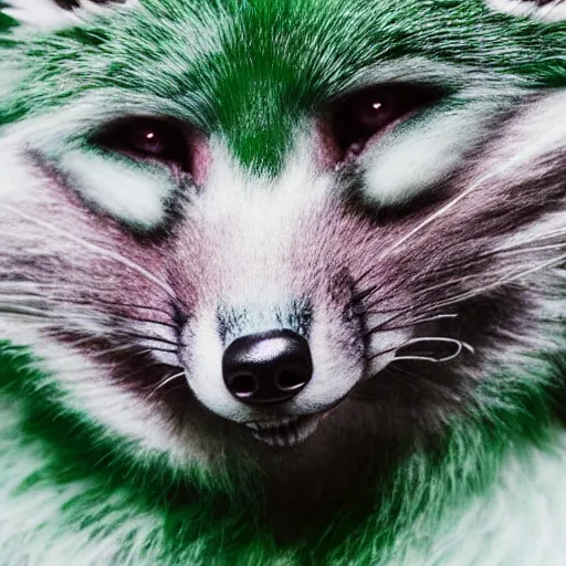 Image similar to close up of photorealistic green fox with green fur and magenta eyes, wearing a black hoodie, smoking weed