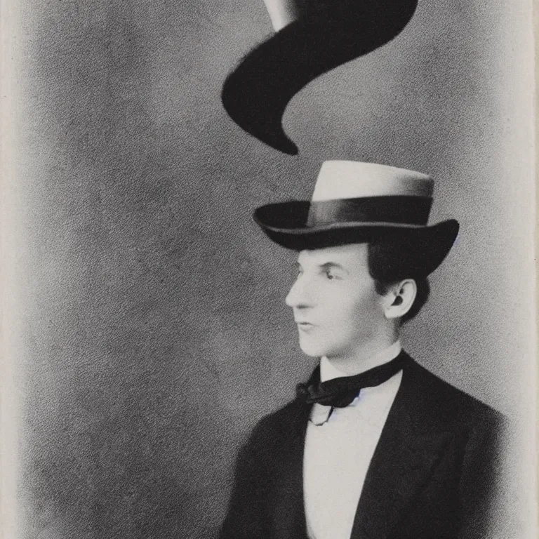 Image similar to A young man in a top hat in an elegant black suit has a cryptic smile on his face