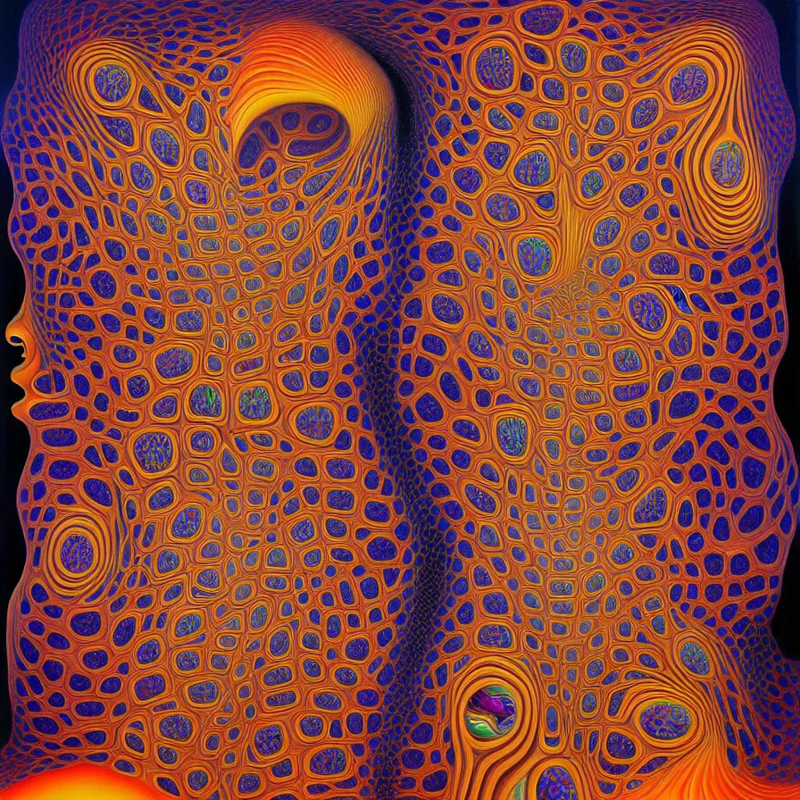 Image similar to infinite fractals of faces forming a single human face, recursion, surreal, by salvador dali and mc escher and alex grey, oil on canvas, weird, dreams, consciousness, strange loops, fantasy, intricate details, warm colors