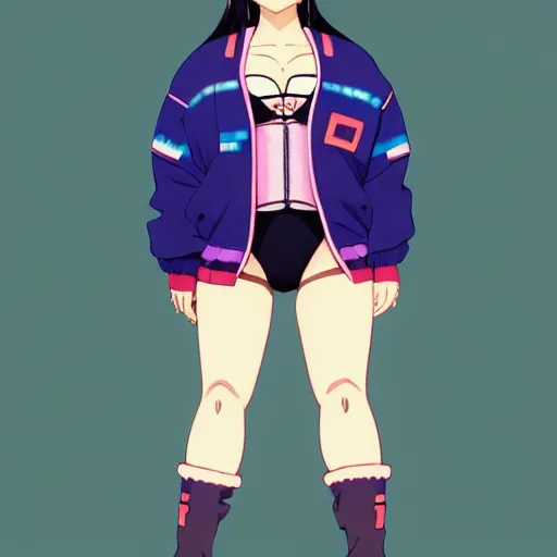 Image similar to a beautiful plus sized model japanese natalie portman, alluring, wearing oversized mayan bomber jacket and leotard with overalls, bulky poofy bomber jacket with mayan patterns, aztec street fashion, gapmoe yandere grimdark, trending on pixiv fanbox, painted by greg rutkowski makoto shinkai takashi takeuchi studio ghibli, akihiko yoshida